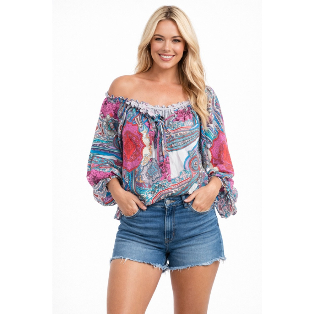 Women's CHICME Paisley Off-Shoulder Blouse S Pink Blue